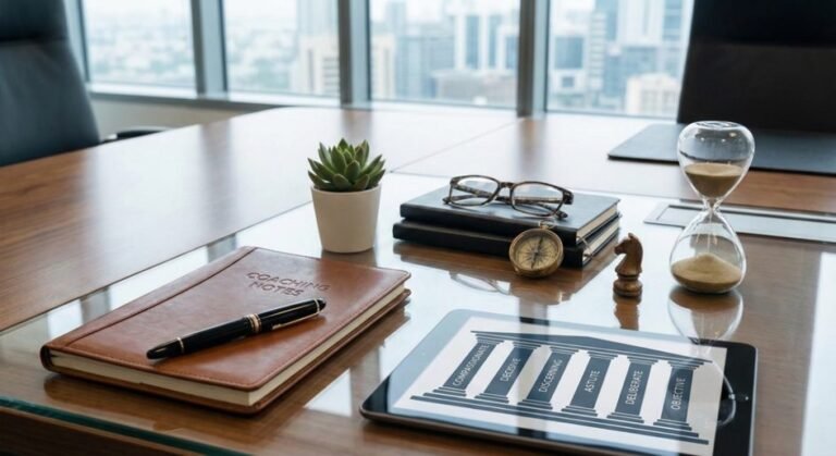 Executive desk with tablet showing performance data