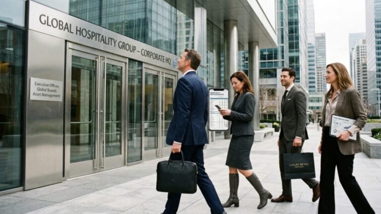 Hospitality executives walking outside corporate headquarters