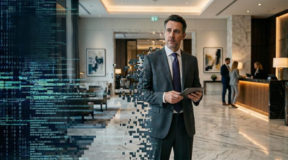 Hospitality executive with tablet in luxury hotel lobby