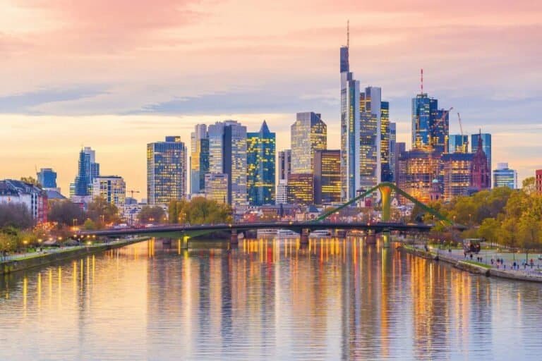 Modern Frankfurt skyline with new Cornerstone Hospitality office building.