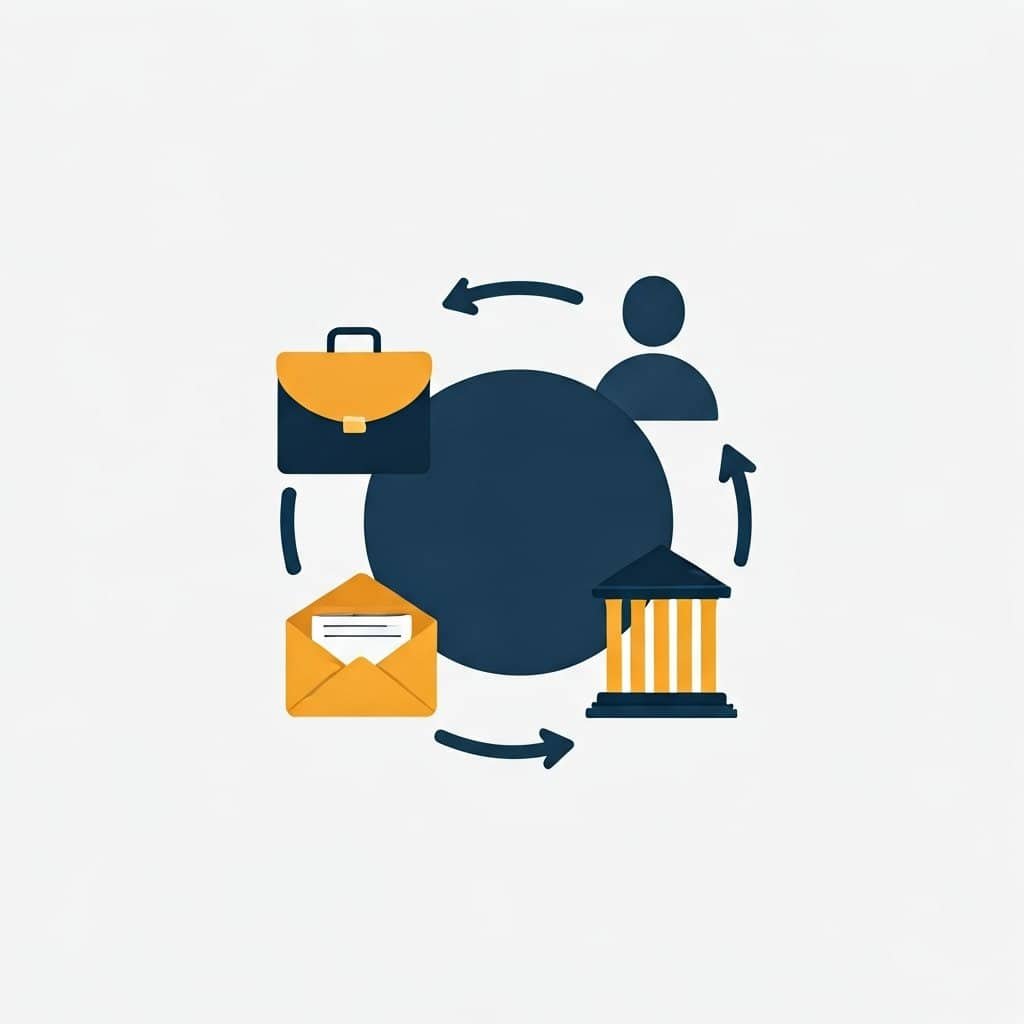 Businesskommunikations- und Workflow-Icons für die Gastfreundschaft mit Aktenkoffer, E-Mail, Person und Gebäude.