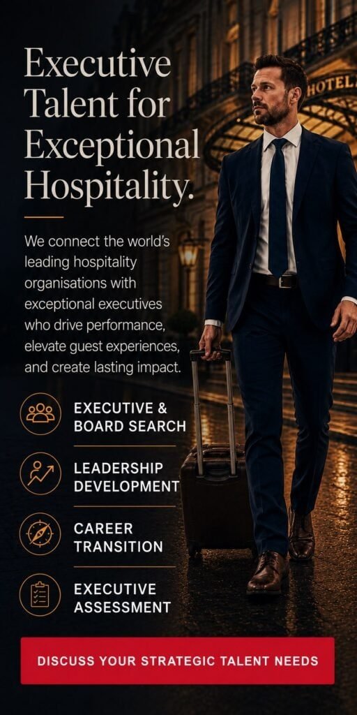 Business professional in hotel lobby representing hospitality leadership.