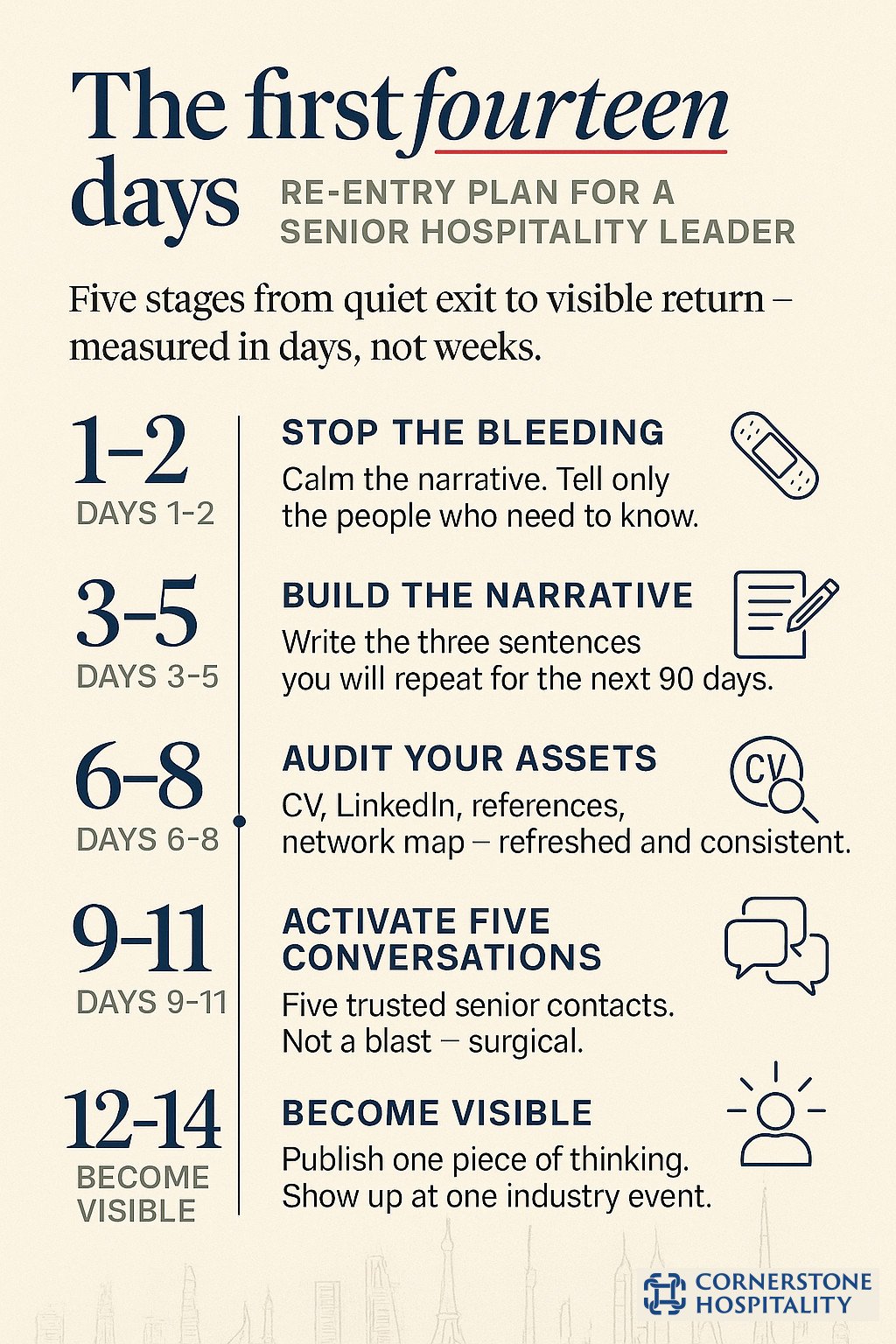 The first 14 days after a senior hospitality executive exit, re-entry plan in five stages