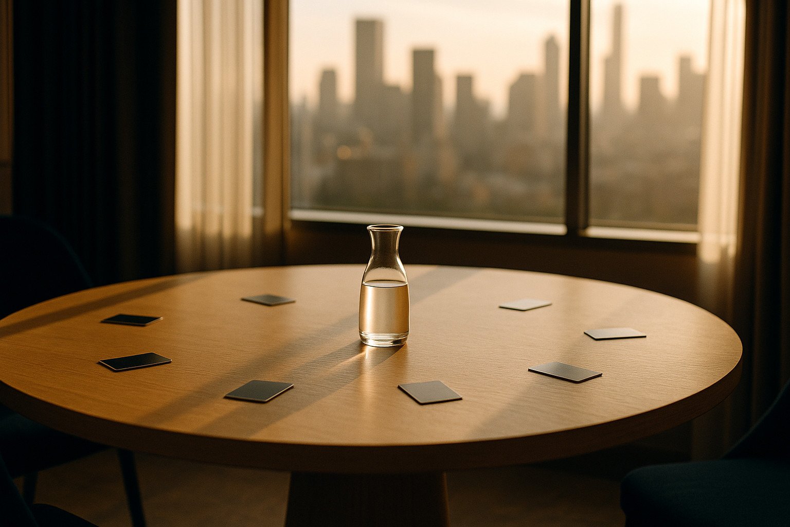 Ein Tisch für eine Sitzung des Führungsteams der Hotellerie, mit einer Stadtsilhouette im Hintergrund.