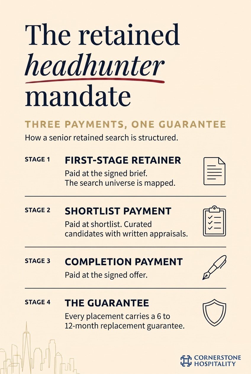 The staged structure of a retained hospitality headhunter mandate.