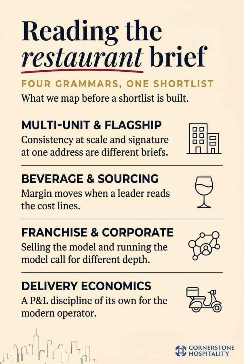 The four sub-vertical grammars restaurant executive recruiters map before building a shortlist: multi-unit and flagship, beverage and sourcing, franchise and corporate, and delivery economics.