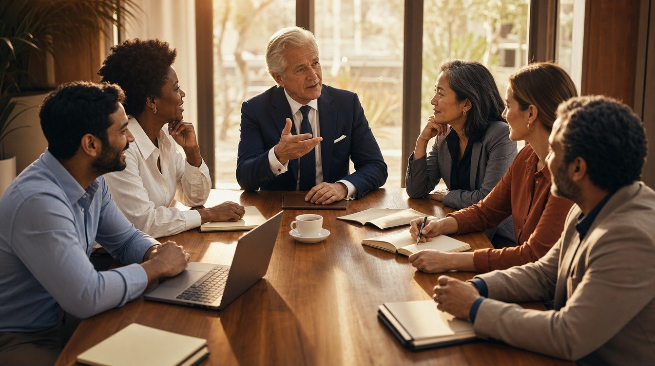 A senior colleague speaks while six colleagues listen around a wide meeting table.