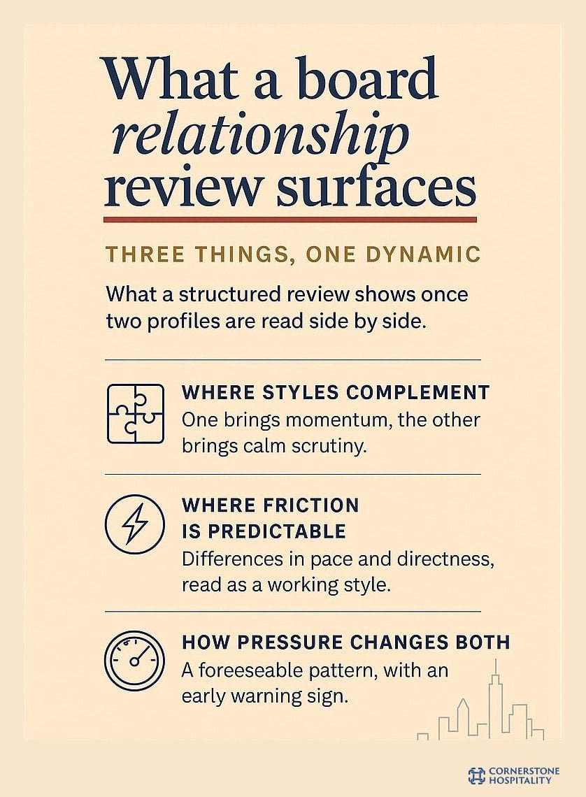 What a board relationship review surfaces: three things, one dynamic