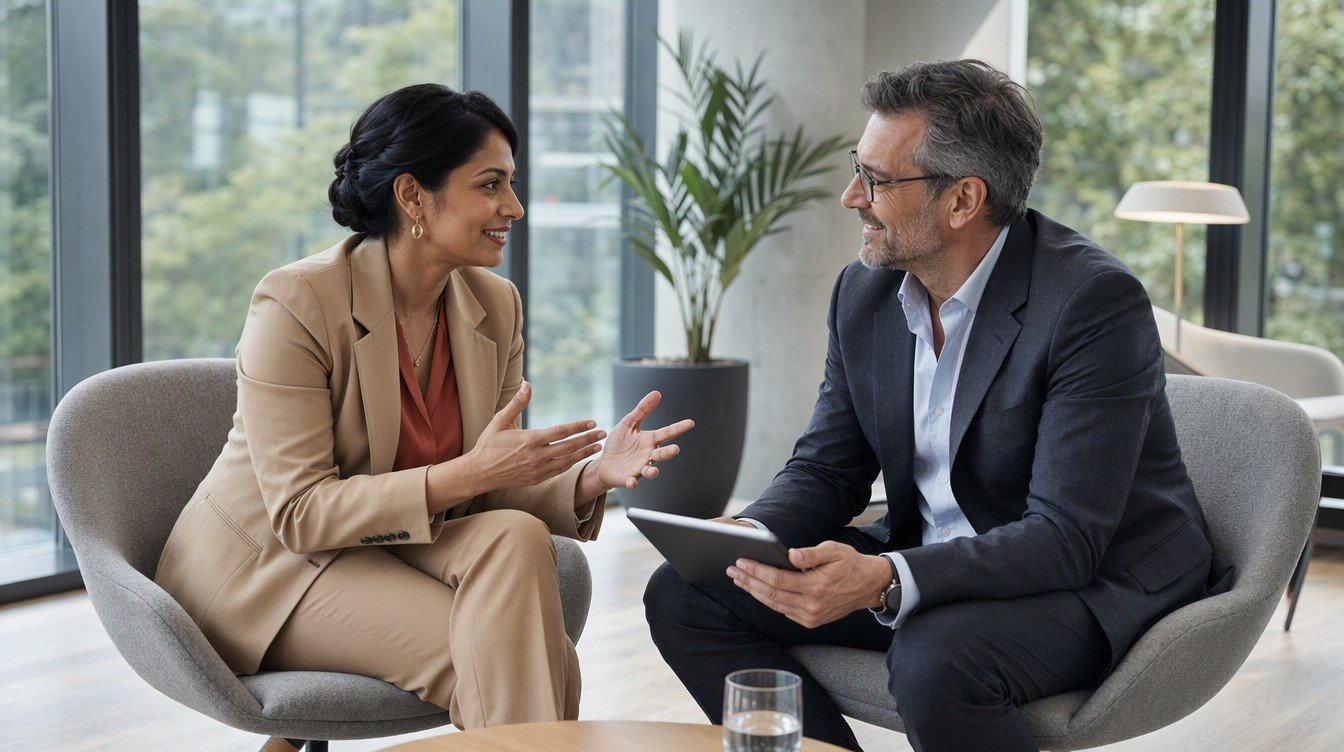 Two colleagues in conversation over a tablet, discussing the move from property to corporate hospitality leadership.