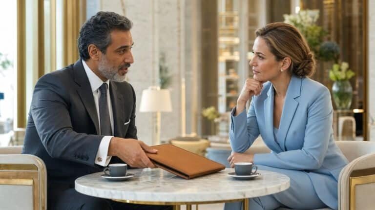 Geschäftsprofis, die in einer modernen Hotel-Lounge diskutieren.
