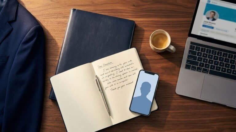 A jacket, handwritten notebook, pen, coffee, laptop and phone laid out on a walnut desk from above.
