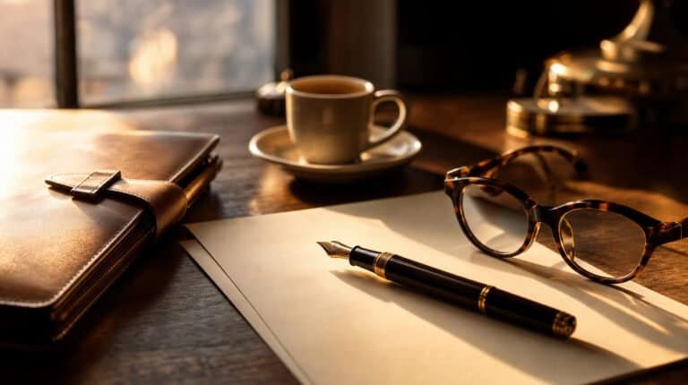Ein Walnussschreibtisch mit einem hellbraunen Lederportfolio, einem Füller auf einem Block, Lesebrille und Kaffee.