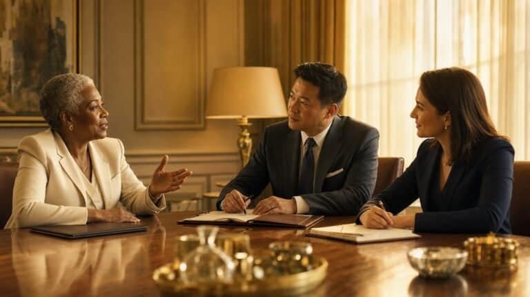 Three executives in an assessment discussion in a warm hotel boardroom