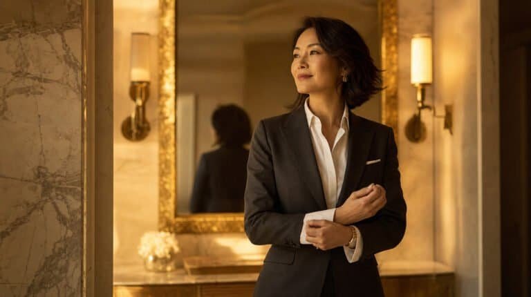 Ein souveräner Senior-Executive, der neben einem vergoldeten Spiegel in einer eleganten Hotellobby pausiert.
