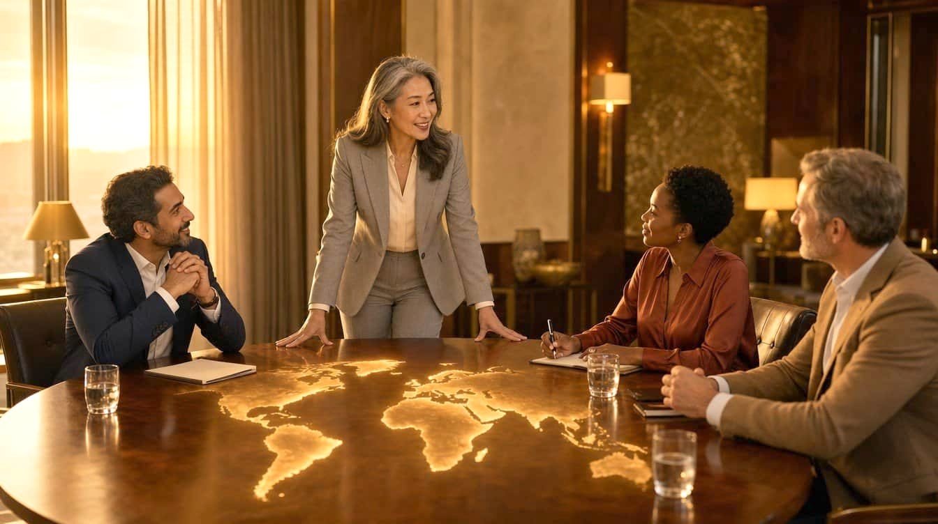 Senior hospitality executive search consultant leading a boardroom discussion, a glowing world map across the table