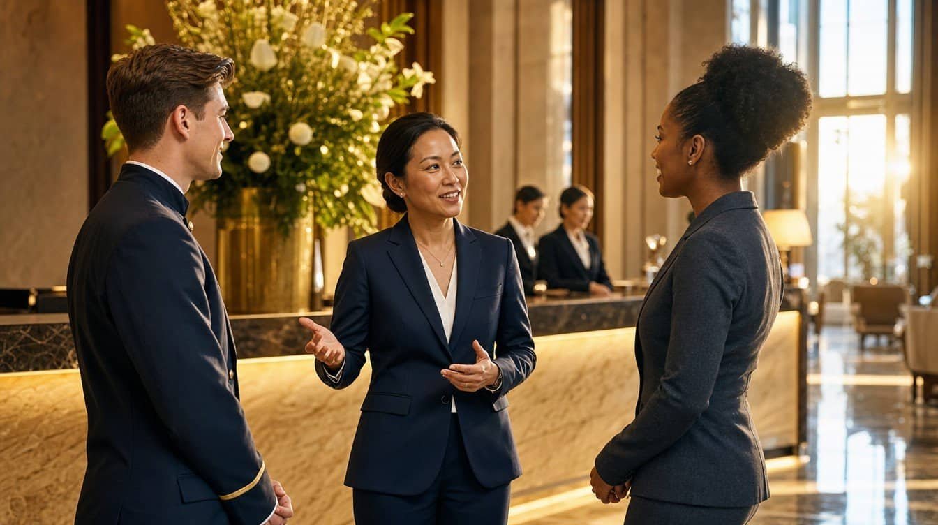 Hotelmitarbeiter, die bei Cornerstone Hospitality eine Diskussion führen.