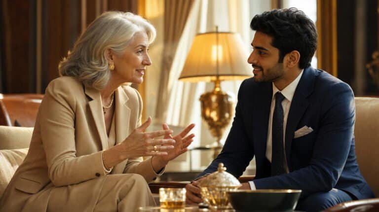A distinguished senior woman in conversation with a younger colleague in an elegant hotel lounge.