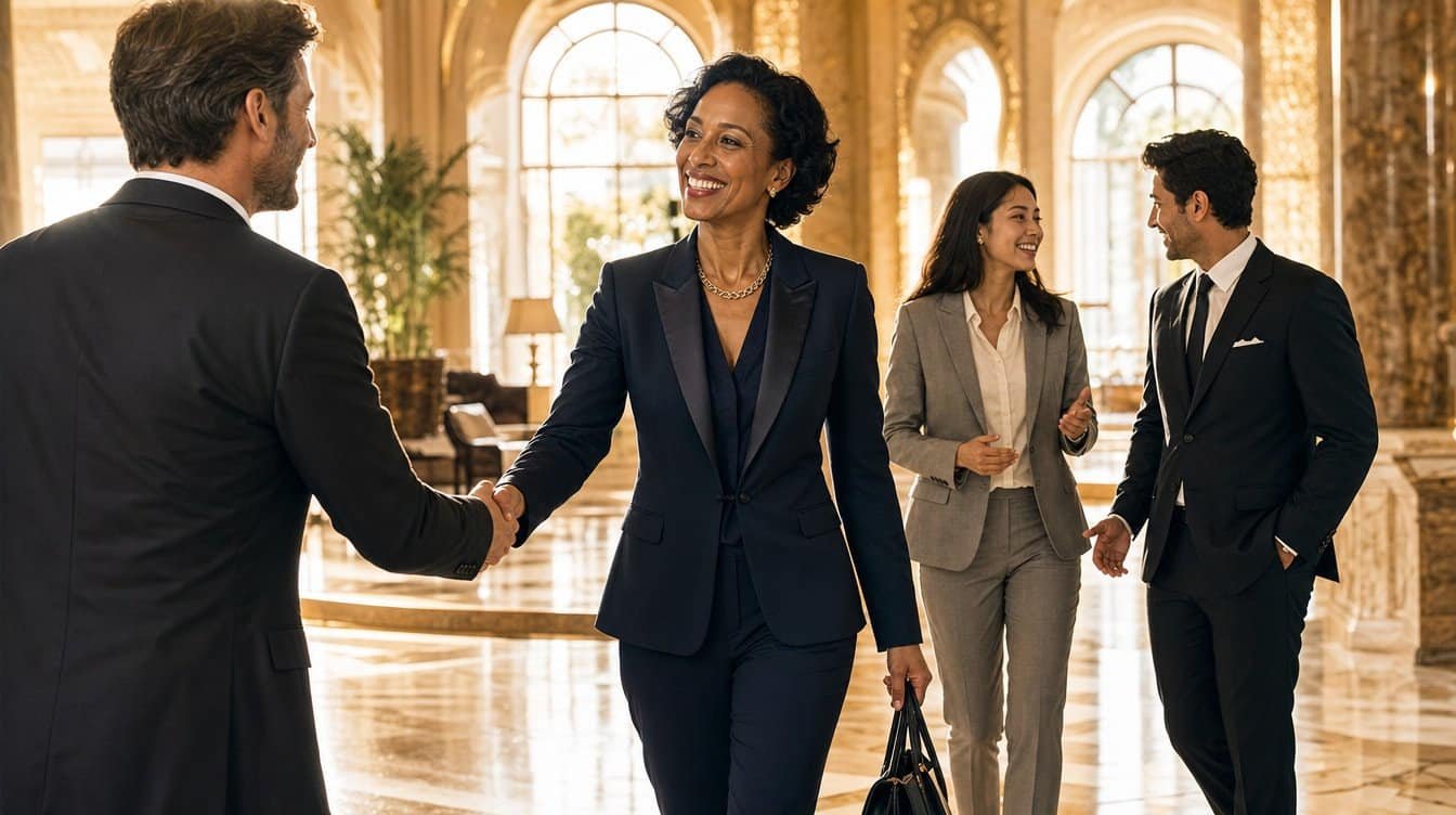 Hospitality leaders meeting on the floor of a hotel rather than in an office