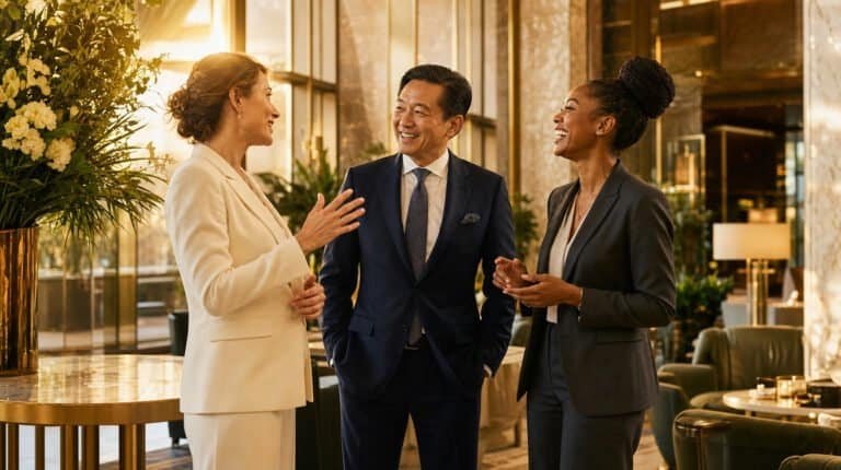 Three hospitality executives standing in animated conversation in a bright hotel lounge.