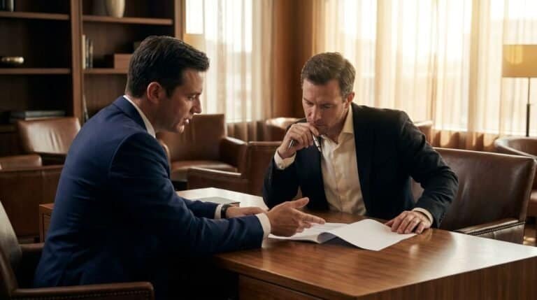 Two executives leaning over printed documents in discussion at a table in a panelled room.