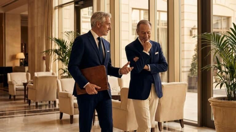 Zwei Führungskräfte gehen und sprechen durch einen hellen Hotelflur, einer trägt ein Lederportfolio.