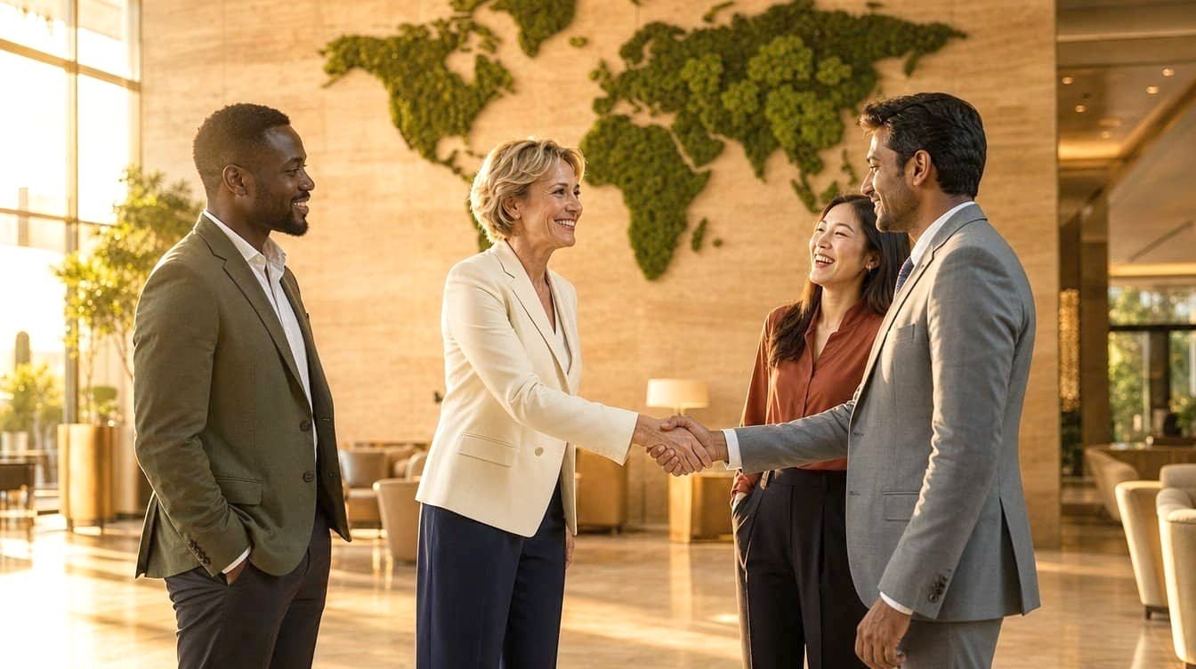 Hospitality executives shaking hands in a hotel lobby beneath a living world map wall