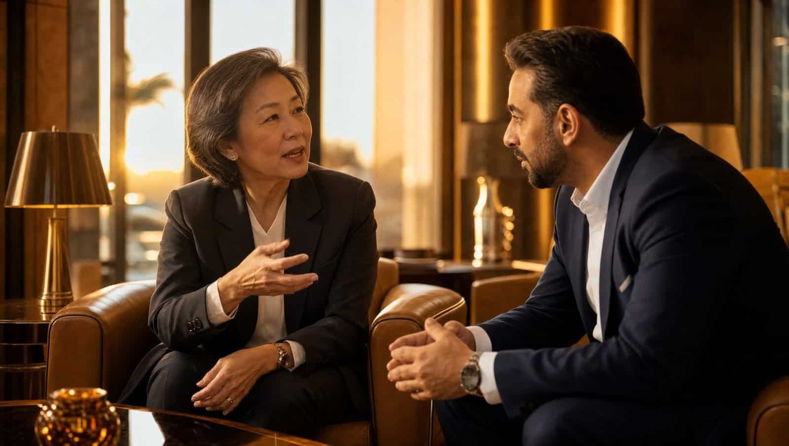 Two senior hospitality executives in conversation in a hotel lounge