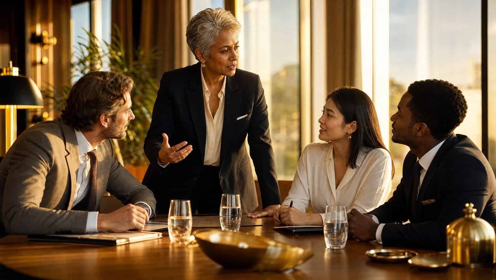 Hospitality leaders in a working discussion in a hotel boardroom