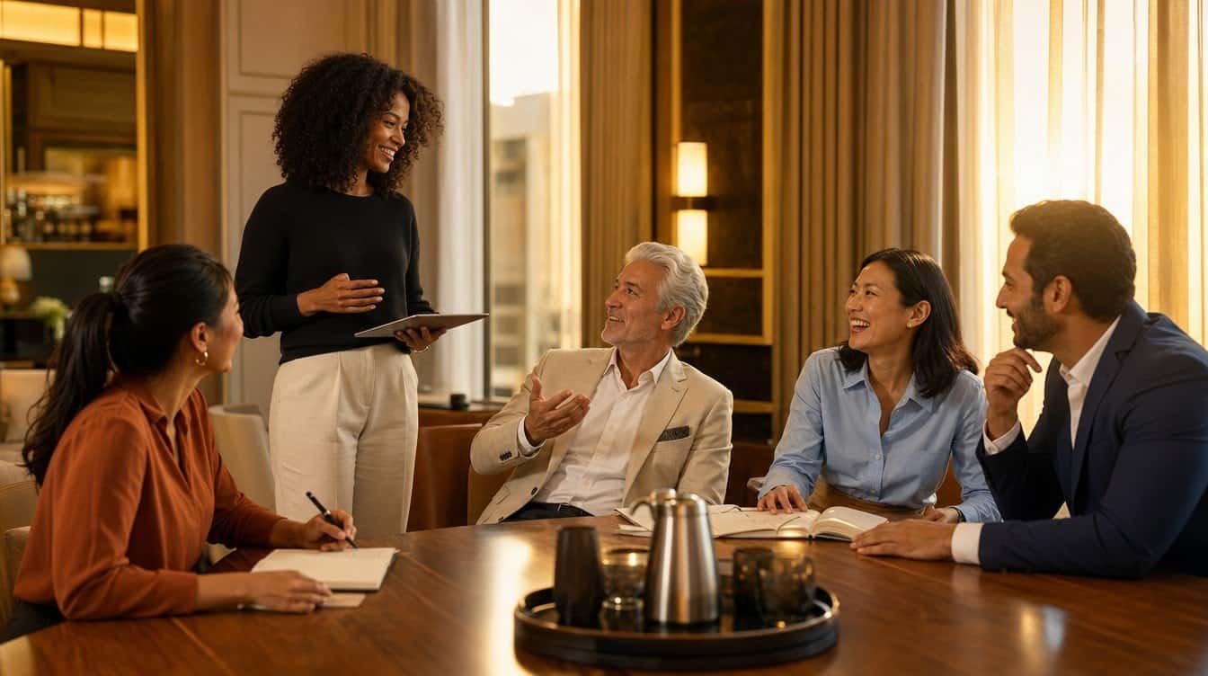 Ein Führungsteam in der Hotellerie arbeitet an einer Entwicklungssitzung