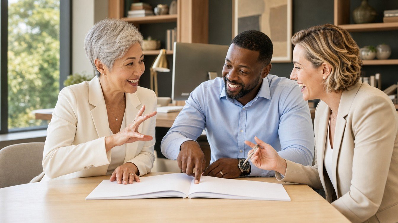 Three hospitality colleagues reviewing an onboarding plan together at a desk