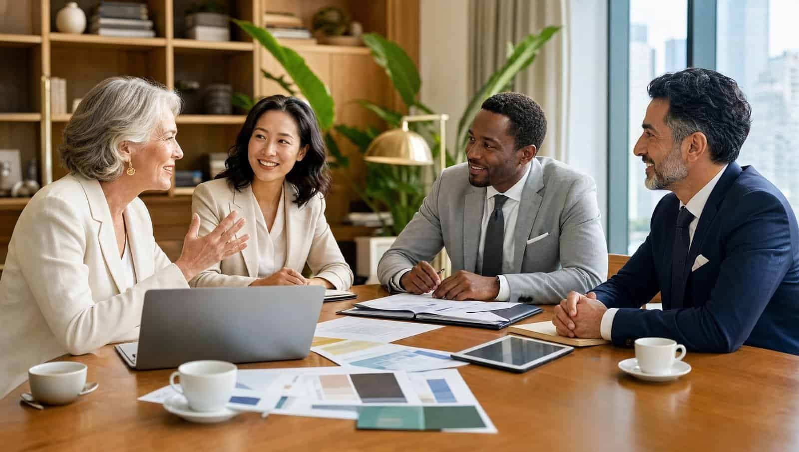 Colleagues in discussion around a timber table with documents and a laptop