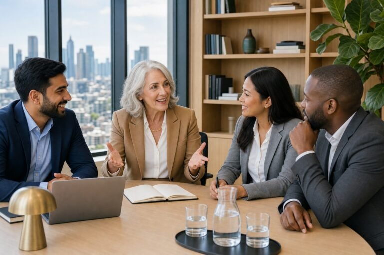 A senior woman talking with colleagues at a meeting table, city skyline and timber shelving behind