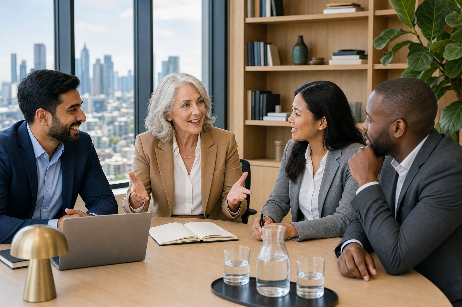 A senior woman talking with colleagues at a meeting table, city skyline and timber shelving behind