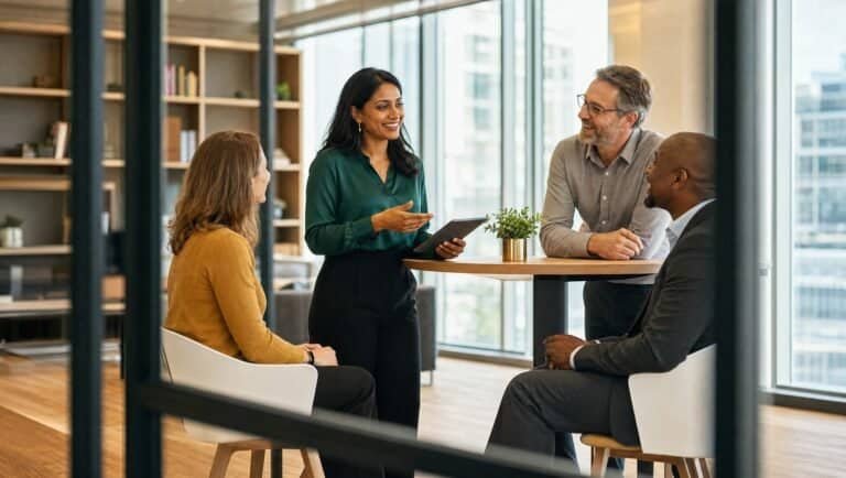 Four colleagues in conversation around a standing table in a daylit glass walled office, one of them holding a tablet