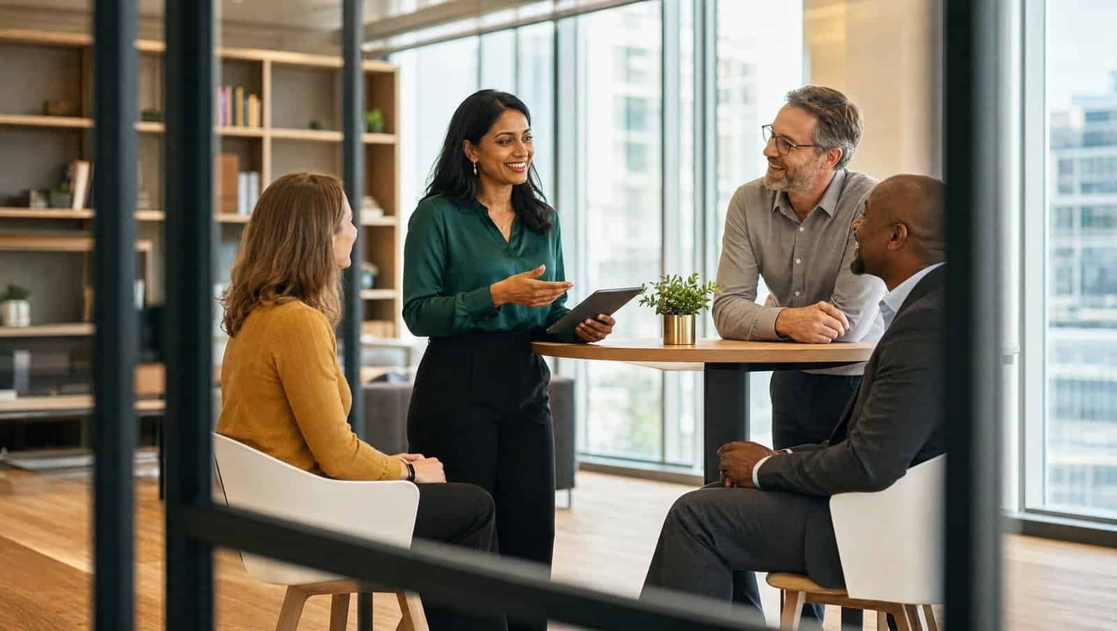 Four colleagues in conversation around a standing table in a daylit glass walled office, one of them holding a tablet