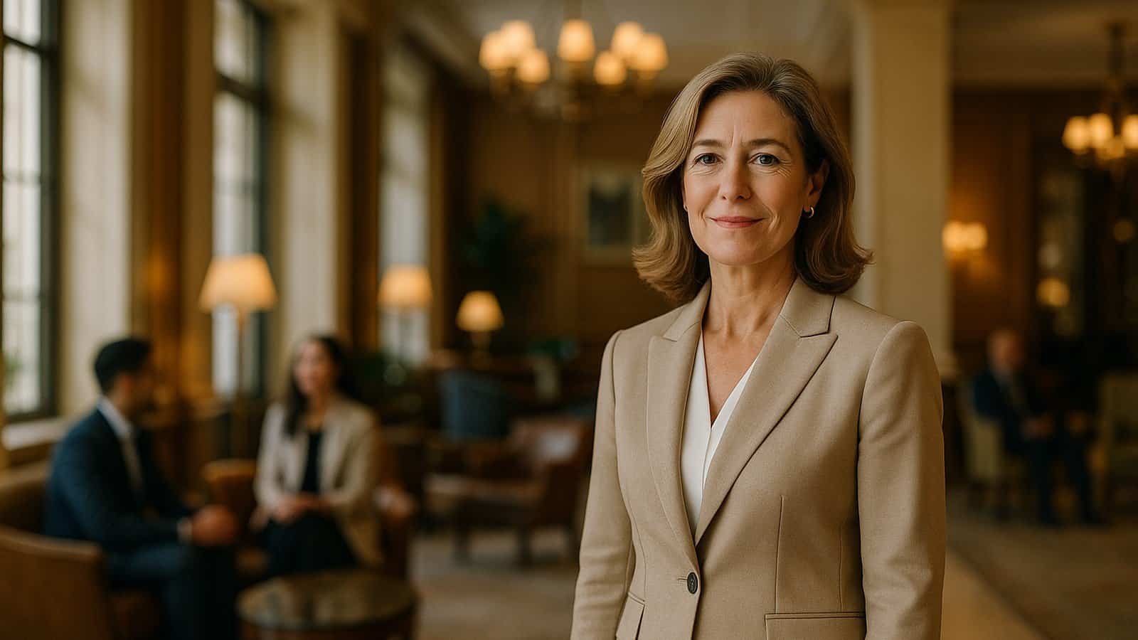 A senior hospitality executive in a beige blazer standing in a warm hotel lobby
