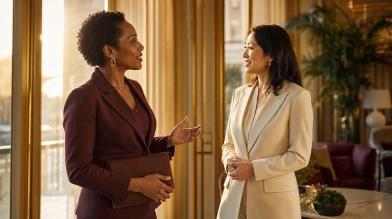 Two senior businesswomen in conversation in a warm hotel lounge