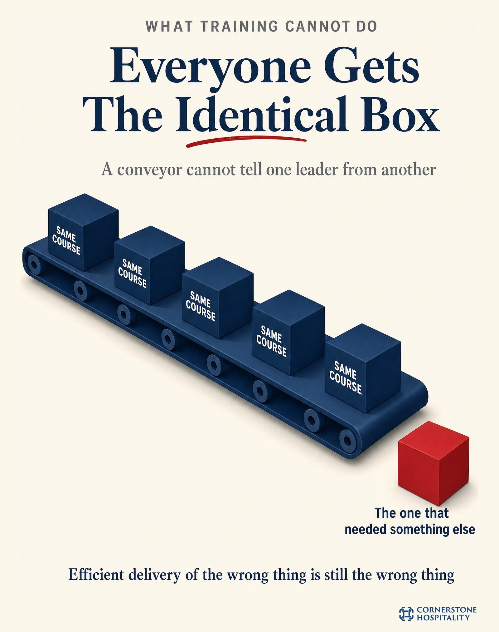 Training delivers identical content to everyone, which is what makes it efficient and what makes it limited