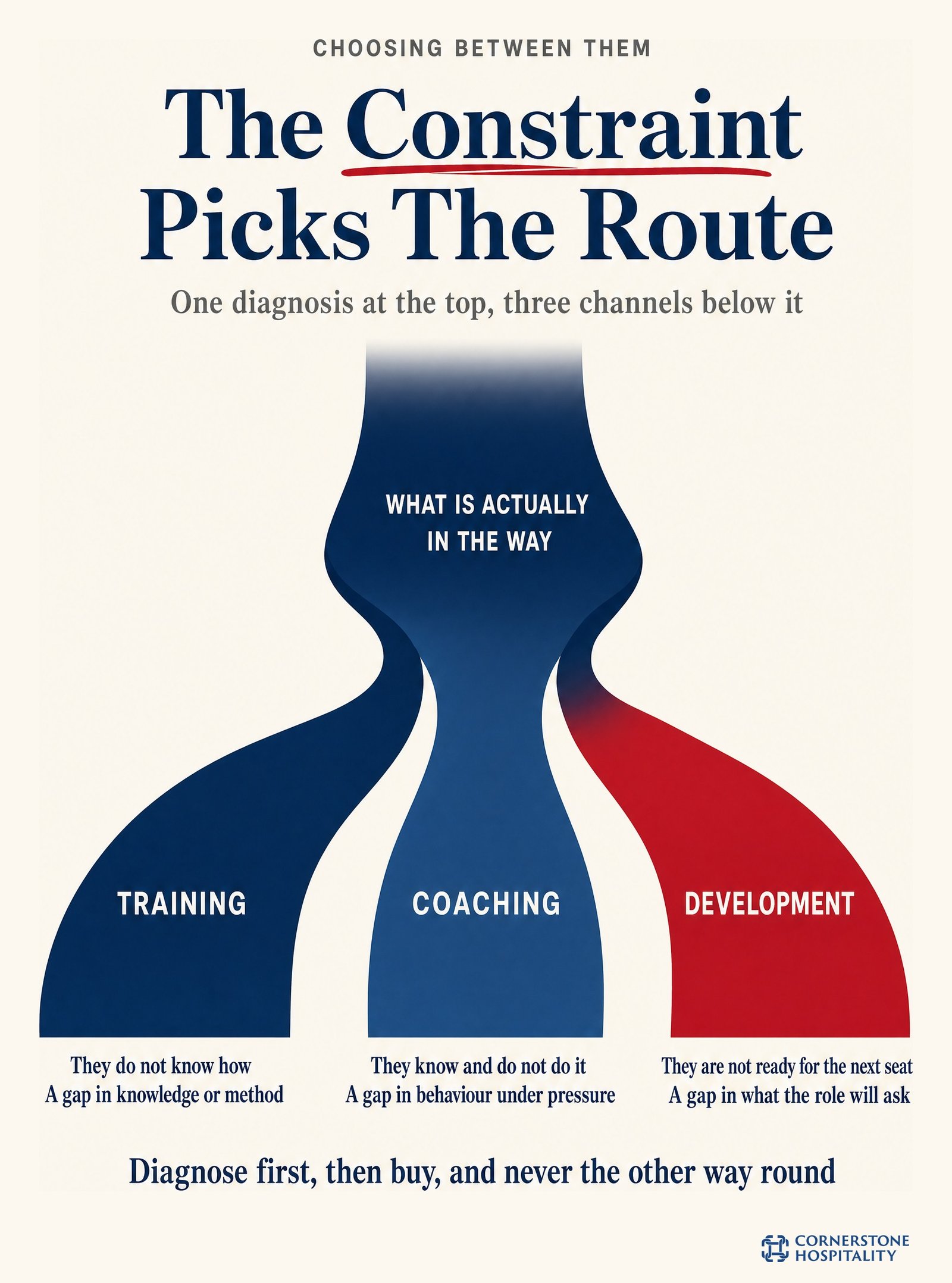 The constraint decides which of training, coaching or development is the right route