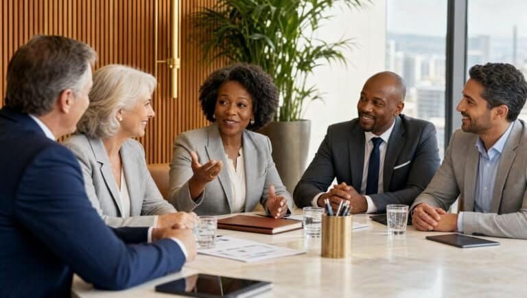 Business professionals in a meeting discussing strategies at Cornerstone Hospitality.