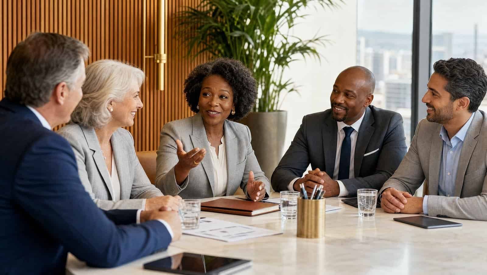 Business professionals in a meeting discussing strategies at Cornerstone Hospitality.
