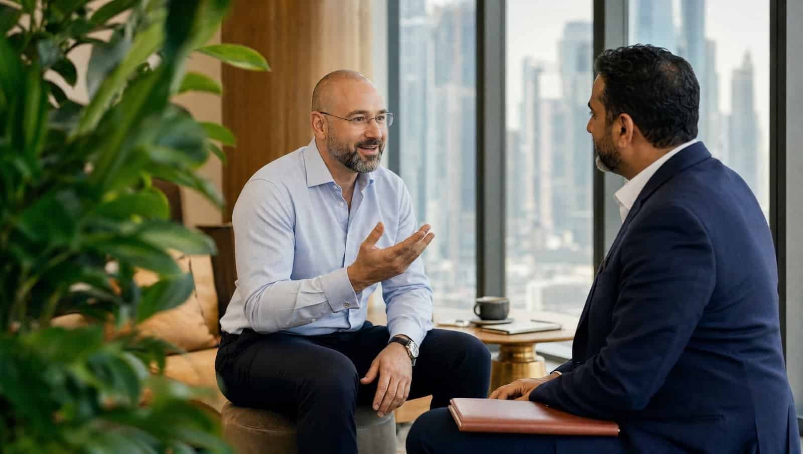 A one to one coaching conversation between two hospitality leaders beside a city window