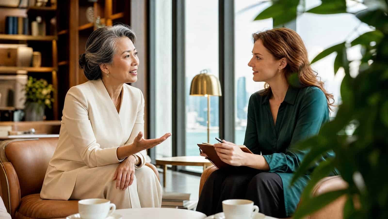 Two senior leaders in a one to one conversation beside a city window