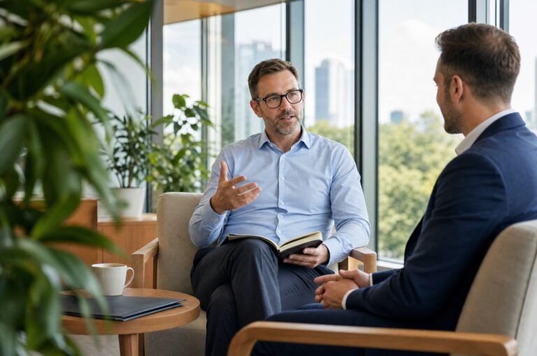 Two colleagues in a one to one coaching conversation beside tall windows, foliage framing the view