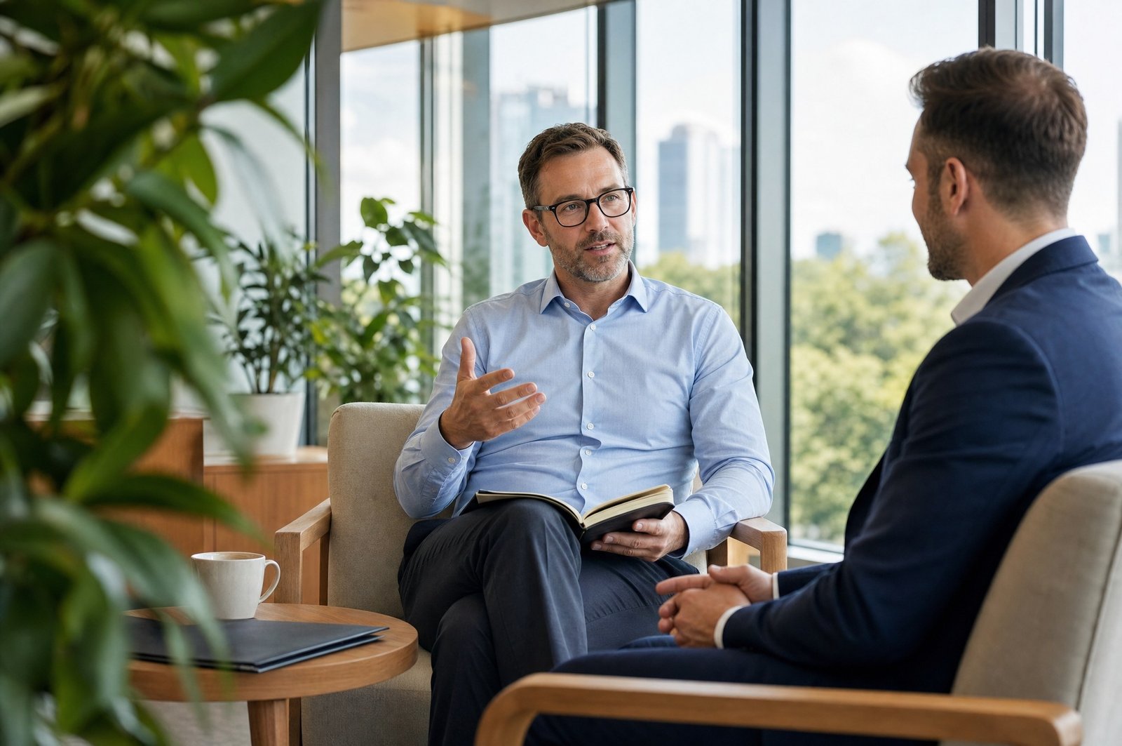 Two colleagues in a one to one coaching conversation beside tall windows, foliage framing the view