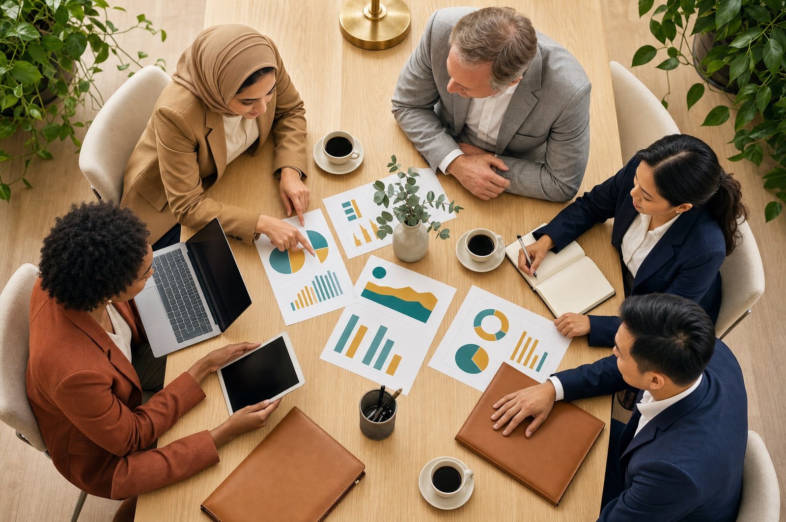 Five colleagues reviewing printed plans together at a pale oak table, seen from above