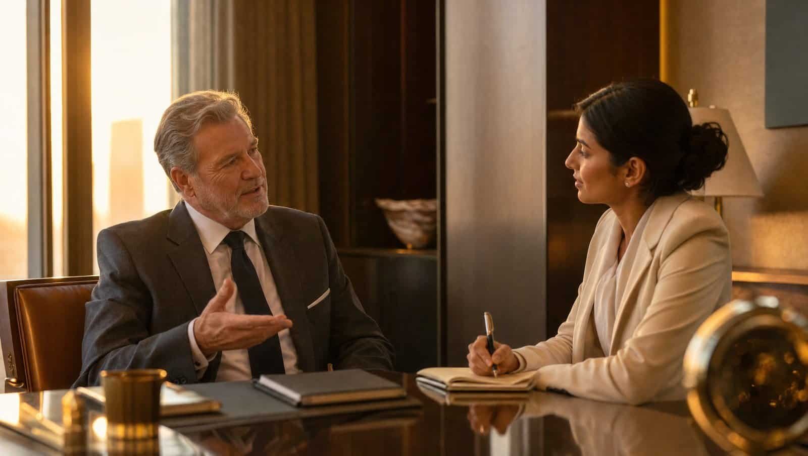 Business professionals discussing in a hotel conference room.