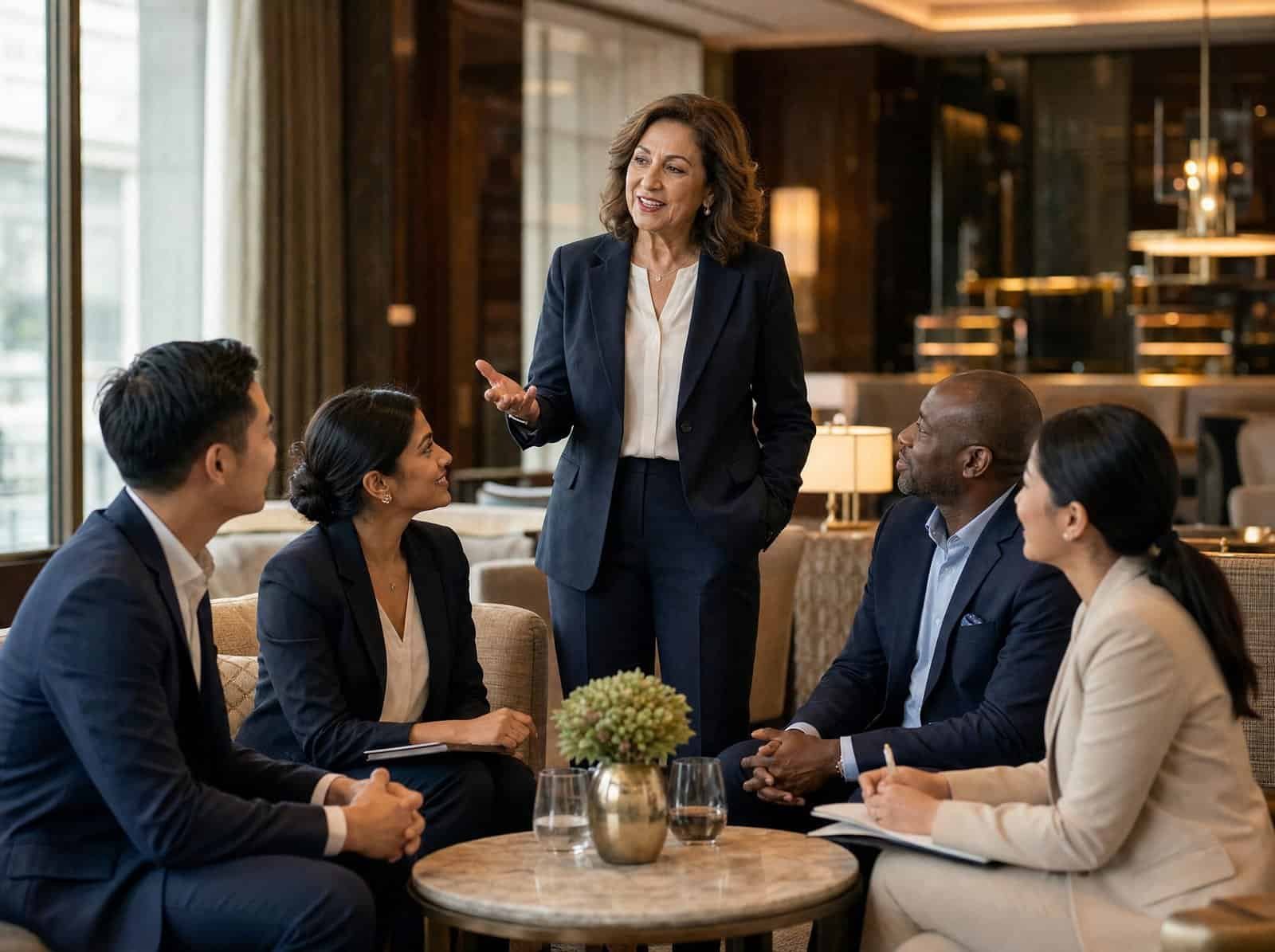 Ein führender Hotellerie-Manager führt ein Arbeitsgespräch mit einem vielfältigen Team von Kollegen in einer Lounge eines Fünf-Sterne-Hotels.