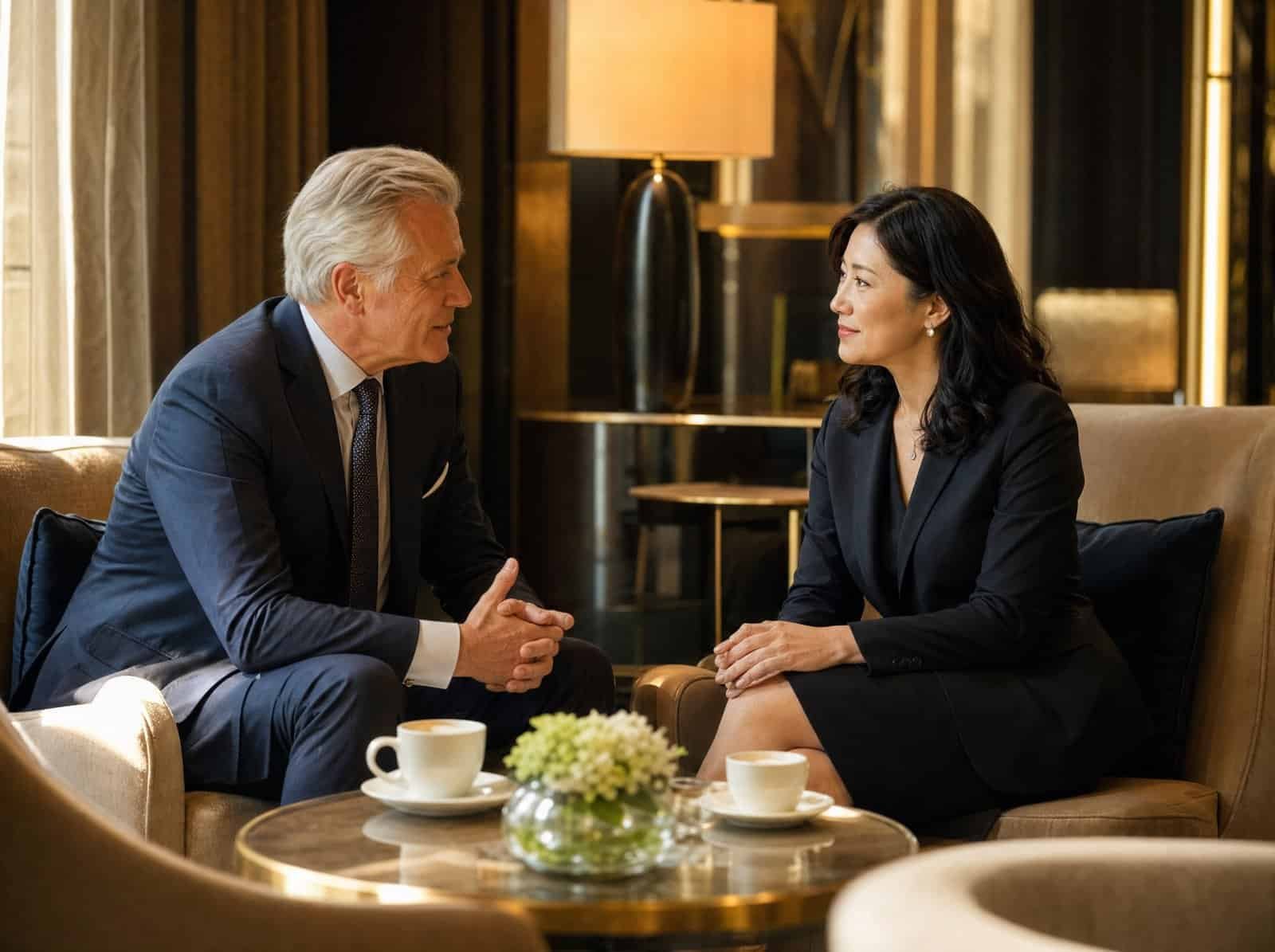 Ein vertrauliches Gespräch von Angesicht zu Angesicht zwischen einem Berater für Executive Search und einem Führungskräfte der Hotellerie in einer ruhigen Hotel-Lounge.