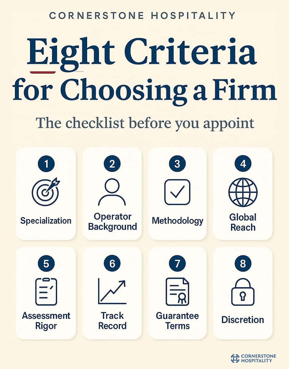 Eight criteria for choosing a hospitality executive search firm shown as a numbered checklist grid: hospitality specialization, operator background, retained methodology, global reach, assessment rigor, track record and references, guarantee terms, and discretion and communication